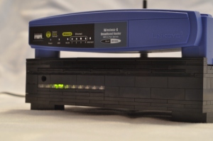 Lego router with WRT54GL faceplate on top